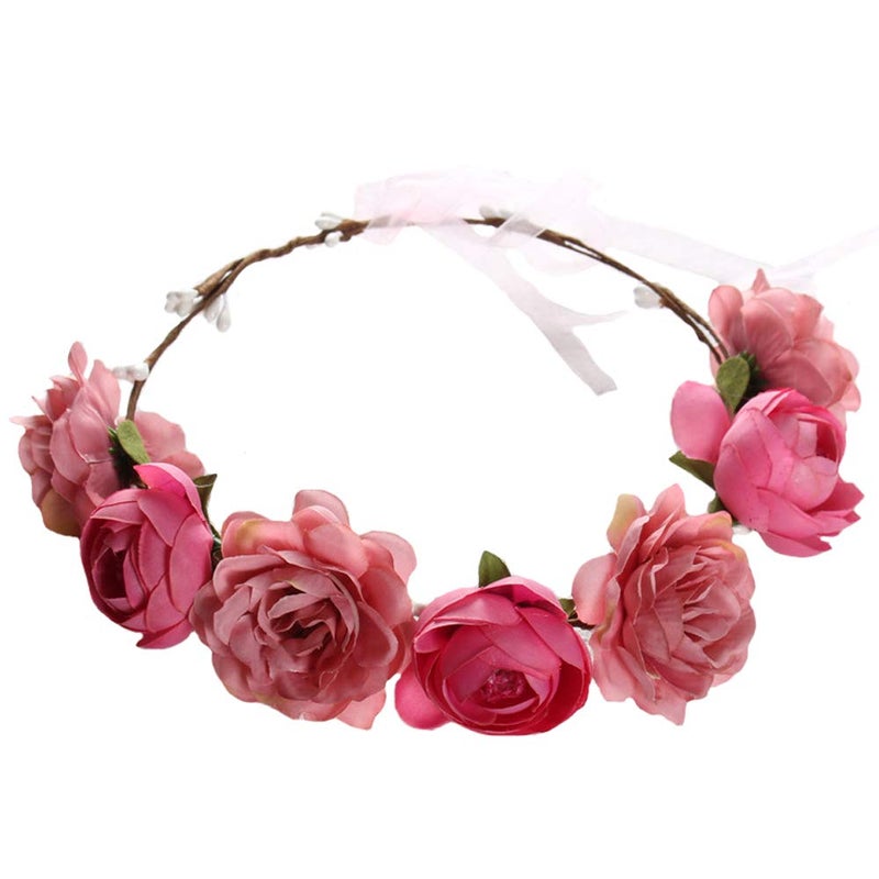 WLBON Flower Crown Headband Rose Wreath Garland Hair Bands Floral Wedding Bridal Hair Hoop Women Ladies Leaf Ribbon Party Decoration Headdress Headwear Christmas Handmade Headpiece Hair Accessories Pink - Image 1